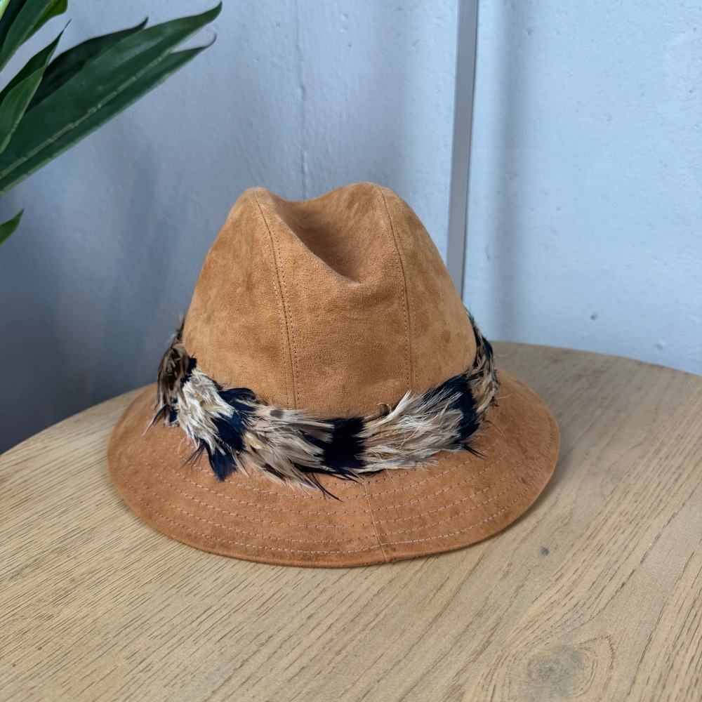 Vintage Cavanagh Fedora Hat Mens 7 1/4 Tan Suede Leather Feather Band Western